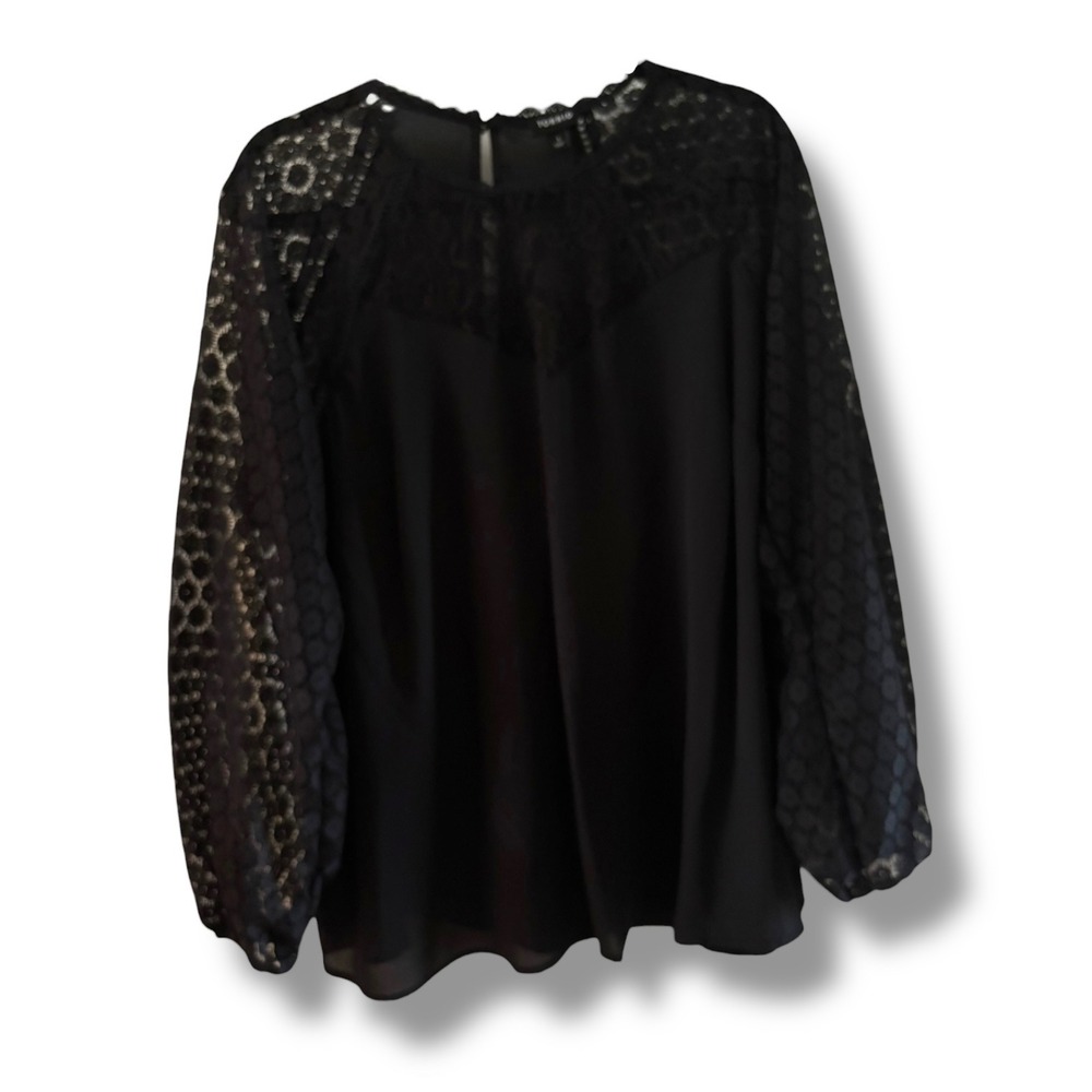 Torrid Deep Black Lace‎ Yoke Long Sleeve Blouse Plus Size 1 1X 14 16 Georgette - Picture 3 of 8